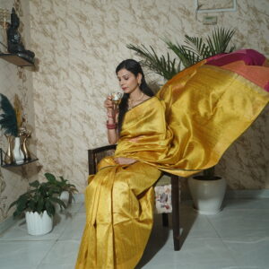Royal Golden Handwoven Pure Silk Saree with Contrast Magenta Pallu