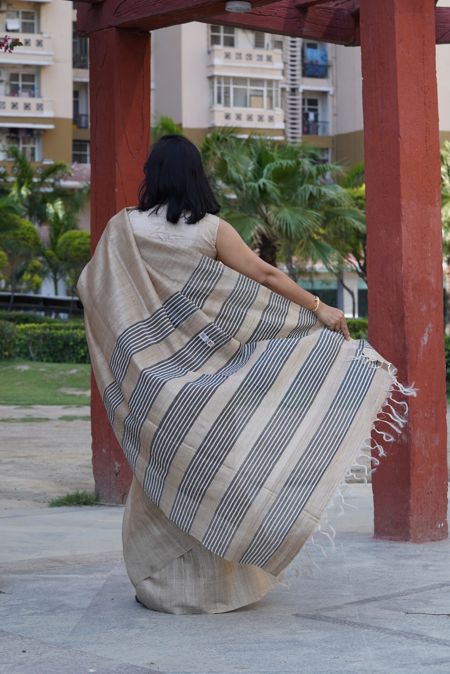Pure Tussar Ghicha Silk Saree – Black Striped Pallu | Silk Mark Certified - Image 9