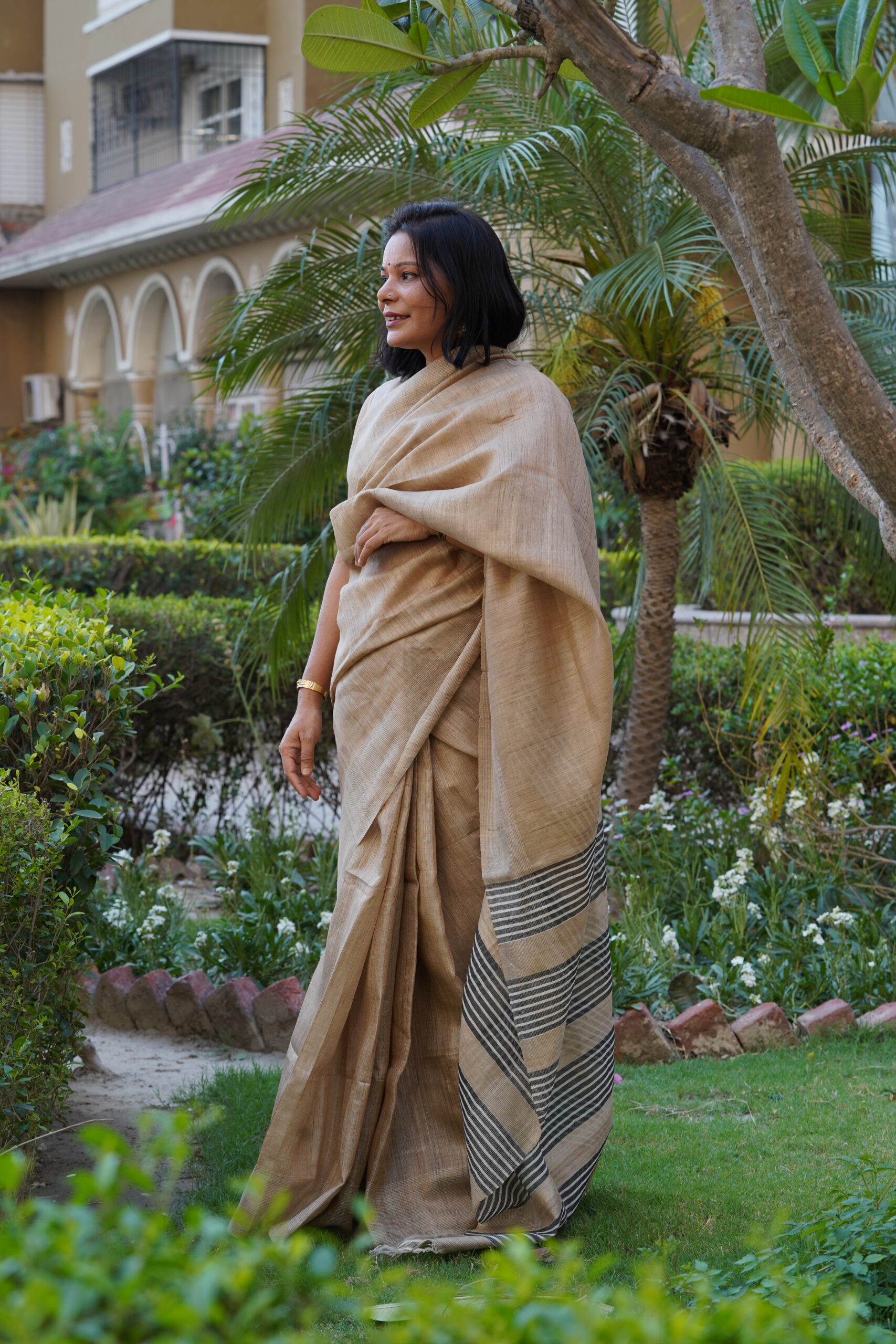 Pure Tussar Ghicha Silk Saree – Black Striped Pallu | Silk Mark Certified - Image 5