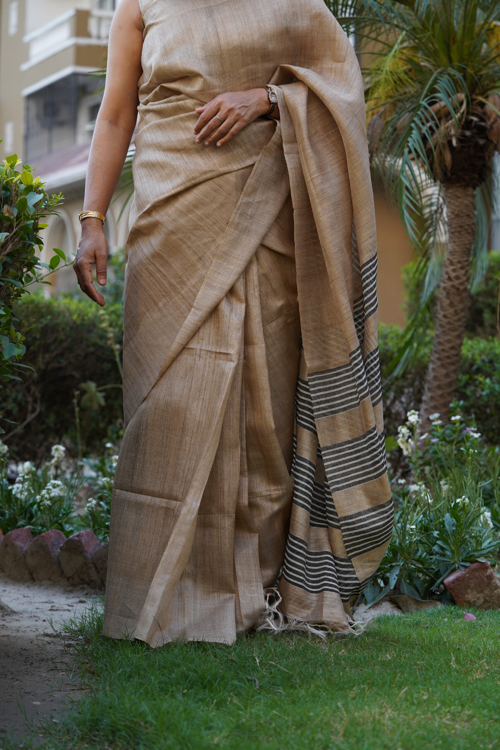 Pure Tussar Ghicha Silk Saree – Black Striped Pallu | Silk Mark Certified - Image 8