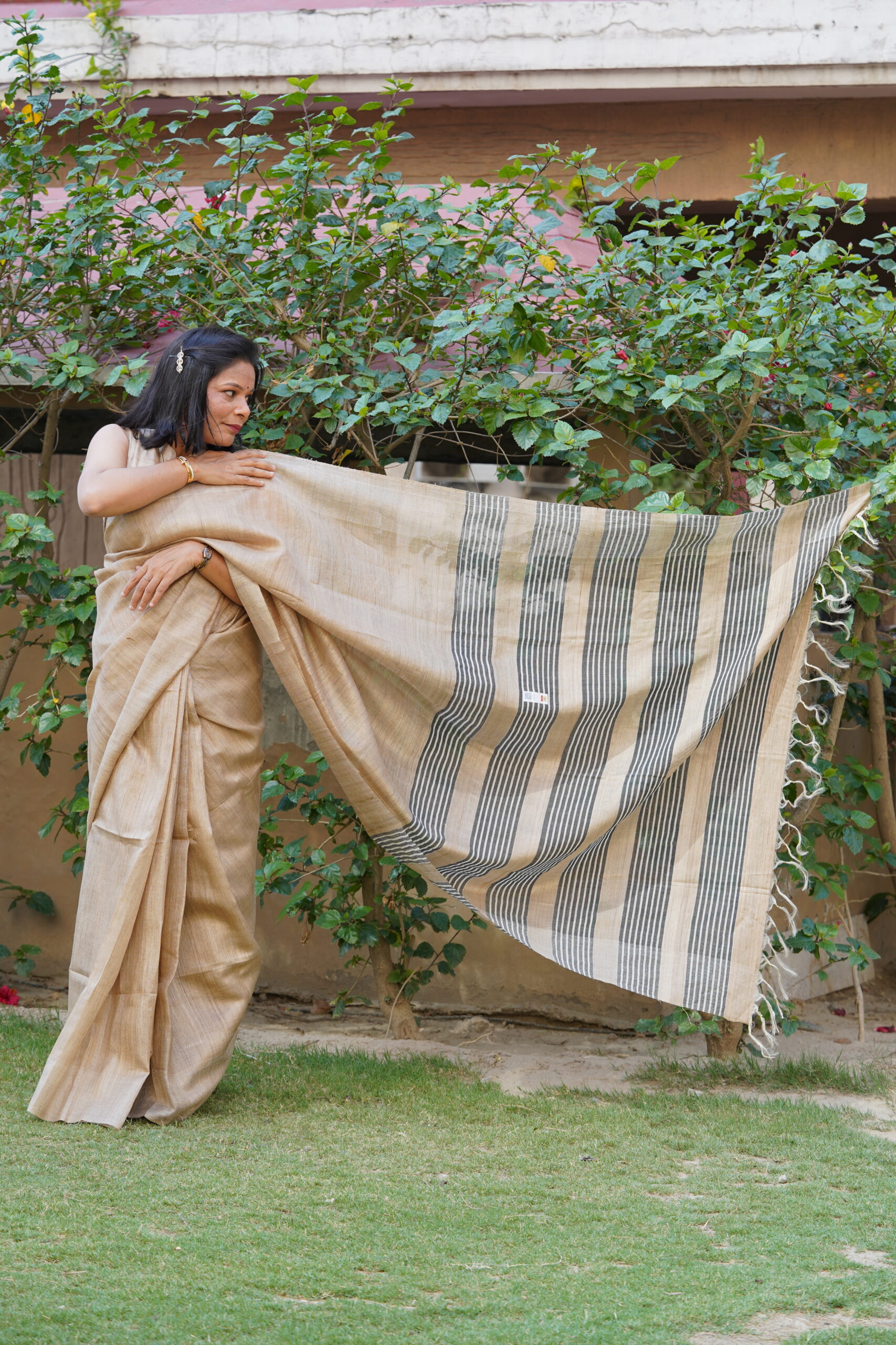 Pure Tussar Ghicha Silk Saree – Black Striped Pallu | Silk Mark Certified