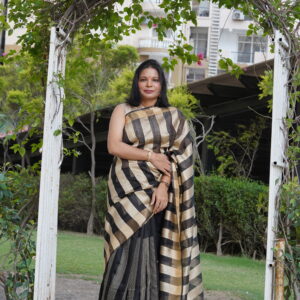 Pure Tussar Silk Checkered Saree with Black & Beige Contrast | Silk Mark Certified