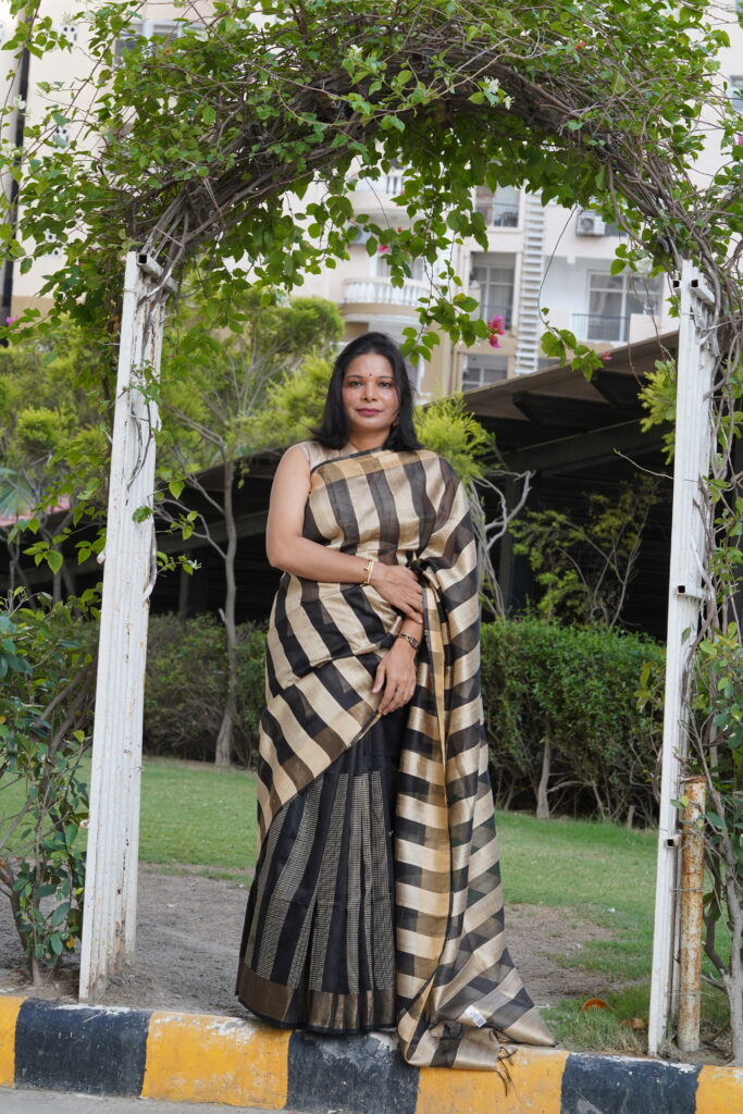 Pure Tussar Silk Checkered Saree with Black & Beige Contrast | Silk Mark Certified