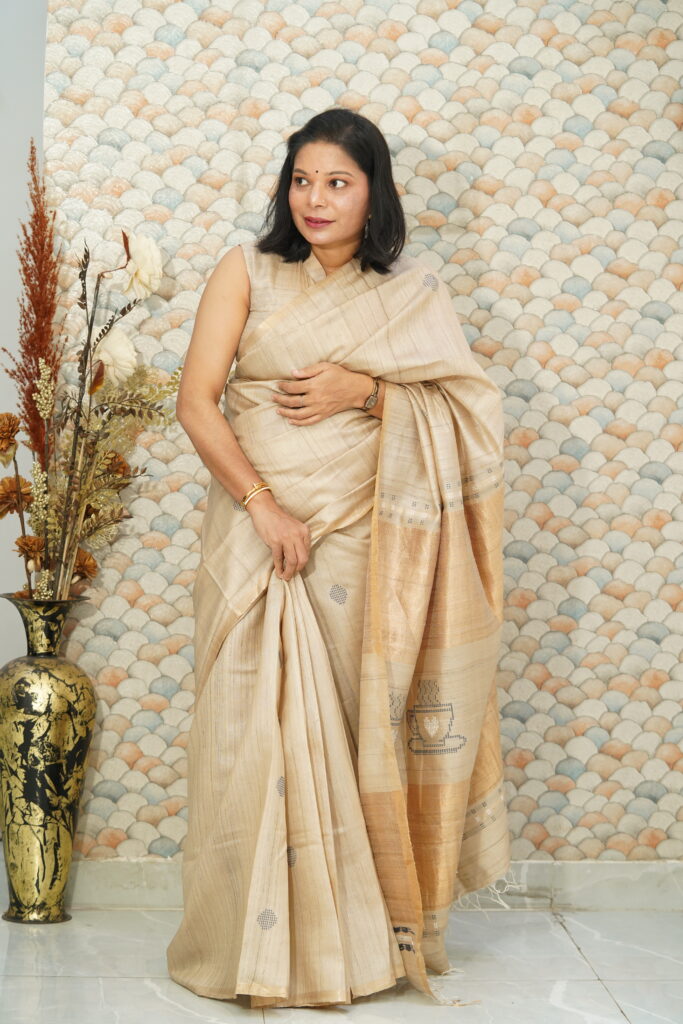 Pure Tussar Silk Handwoven Saree with Tea Cup Inspired Woven Motifs | Silk Mark Certified