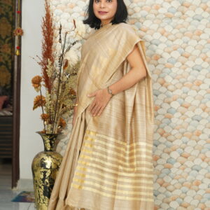 Pure Tussar Silk Handwoven Saree with Golden Zari Border – Natural Beige