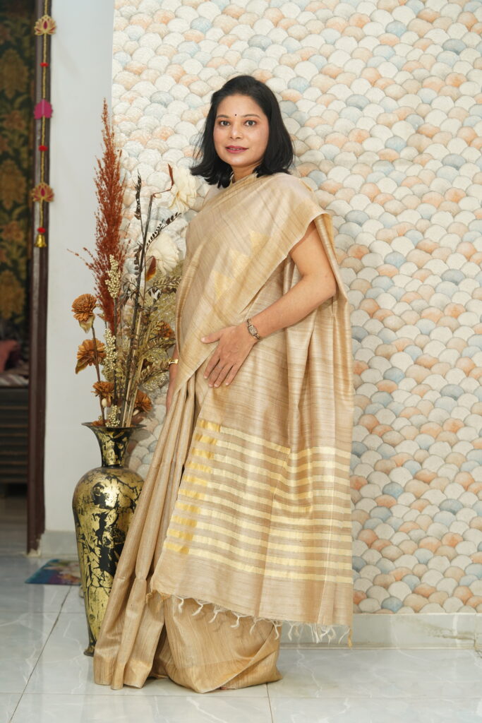 Pure Tussar Silk Handwoven Saree with Golden Zari Border – Natural Beige